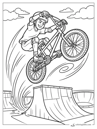 Cartoon BMX rider doing a high jump over a skatepark ramp with clouds and motion lines