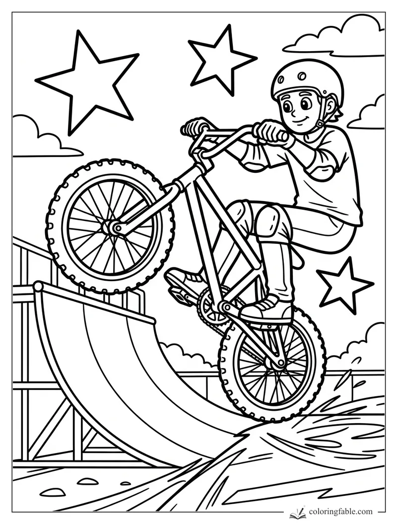Cartoon BMX rider in a helmet doing a wheelie on a skate ramp with stars and clouds