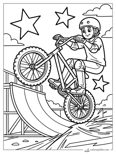Cartoon BMX rider in a helmet doing a wheelie on a skate ramp with stars and clouds
