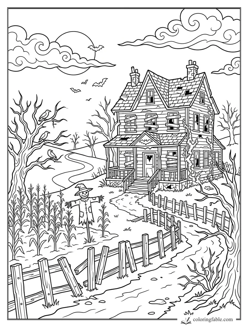 Haunted farmhouse coloring page with boarded windows, scarecrow, bats, cornfield, crooked fence, and bare trees