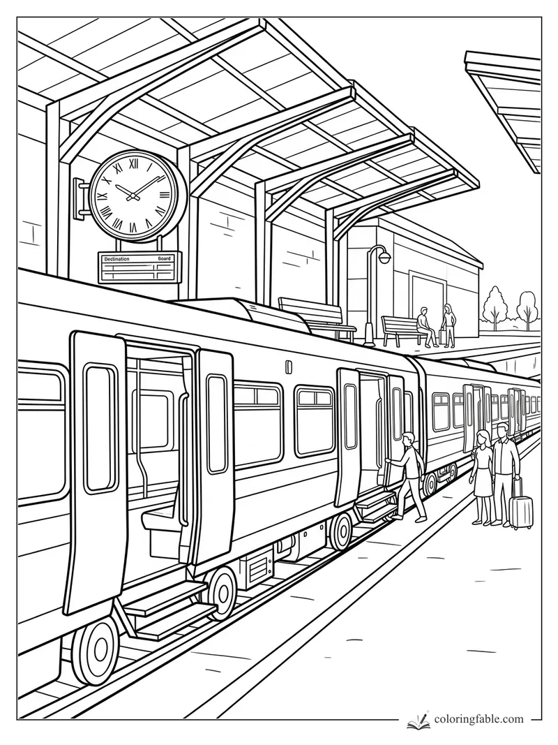 Train at a station platform with open doors, passengers, benches, destination board, and large clock