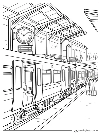 Train at a station platform with open doors, passengers, benches, destination board, and large clock