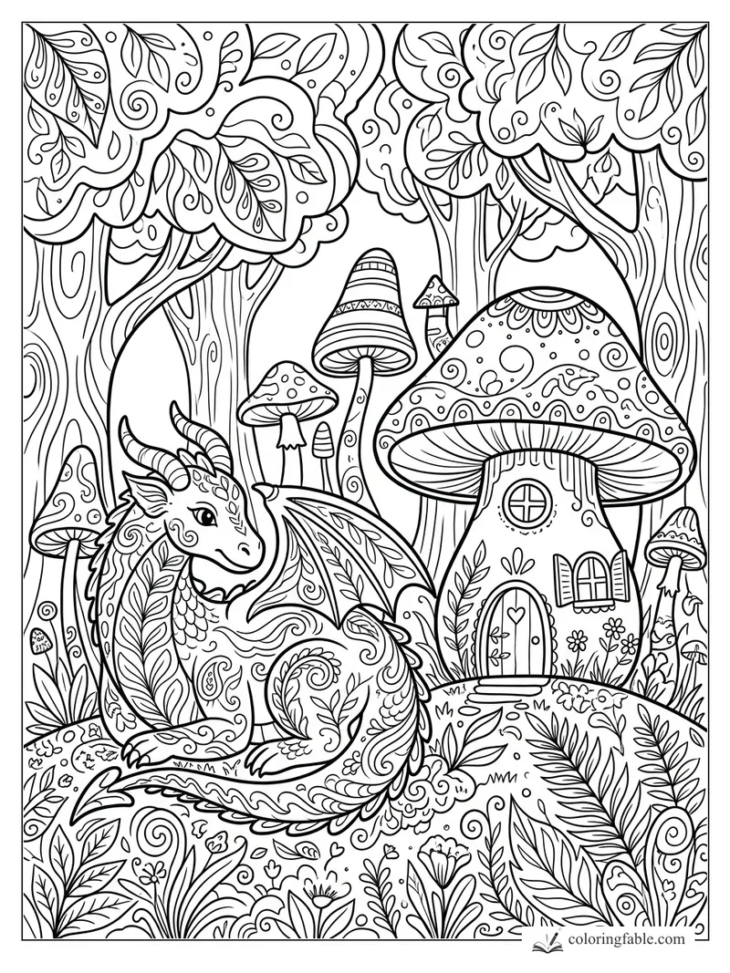 Boho dragon resting by a mushroom cottage in a leafy enchanted forest coloring page