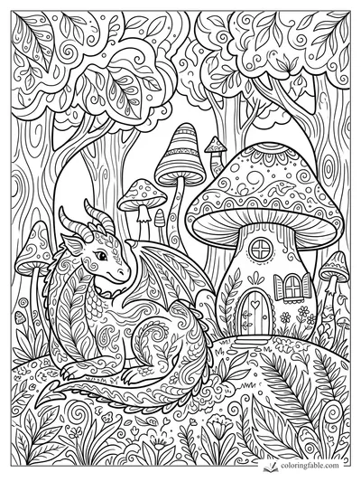 Boho dragon resting by a mushroom cottage in a leafy enchanted forest coloring page