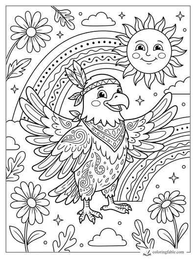 Boho eagle with spread wings, feather headband, patterned rainbows, daisies, leaves, stars, and smiling sun.
