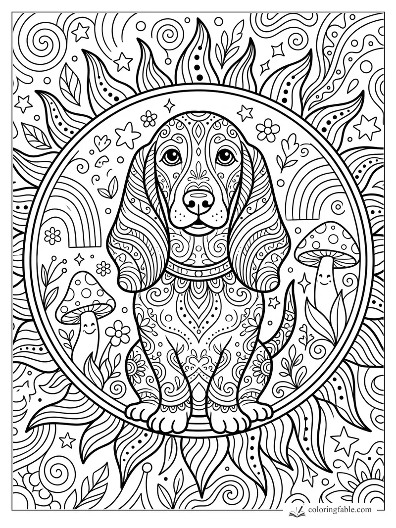 Intricate boho hound with patterned ears, smiling mushrooms, stars, flowers, leaves, and a rainbow arch.