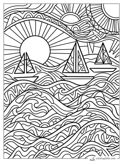 Intricate boho coloring page with sailboats, rising sun, layered waves, clouds, and sunburst patterns.