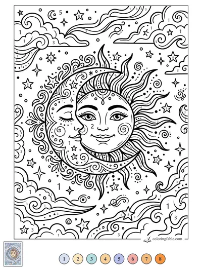 Boho Sun and Moon Among Swirling Stars — color by number