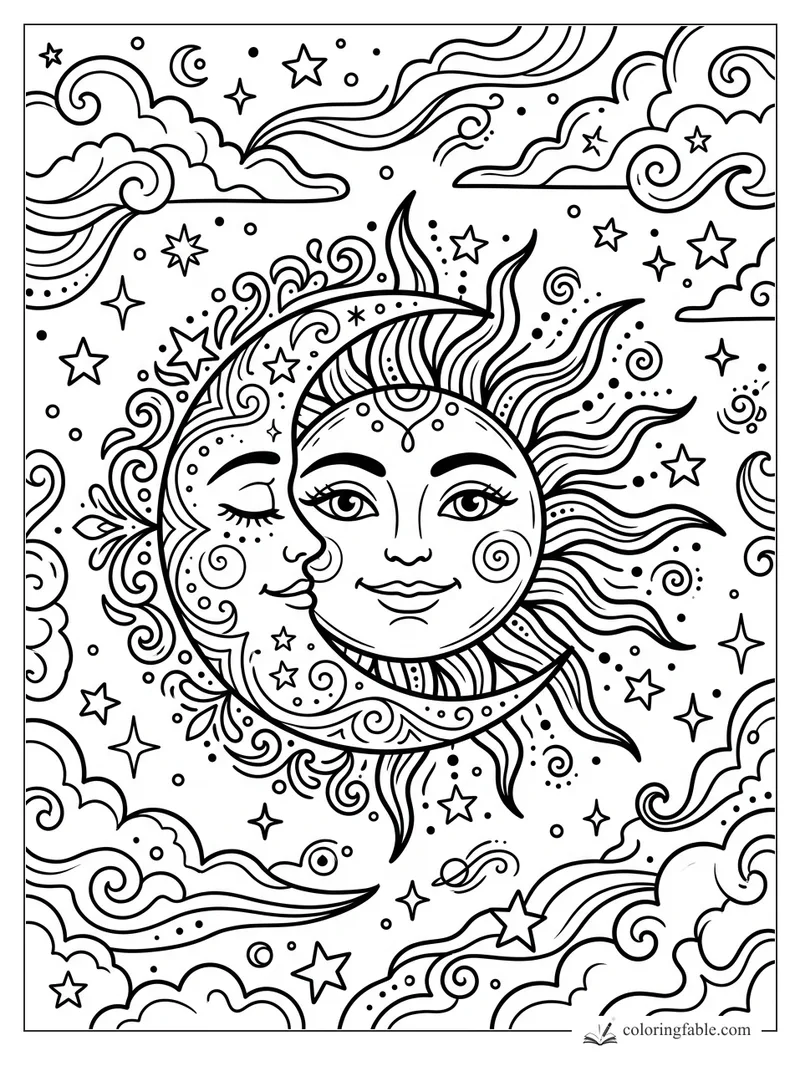 Tattoo-style sun and crescent moon faces with swirling clouds, stars, dots, and groovy sky patterns.