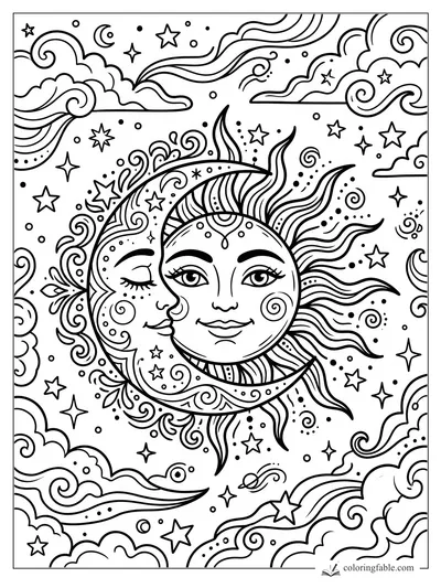 Tattoo-style sun and crescent moon faces with swirling clouds, stars, dots, and groovy sky patterns.