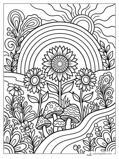 Boho sunflower coloring page with rainbow arcs, mushrooms, leafy vines, and a rising sun.