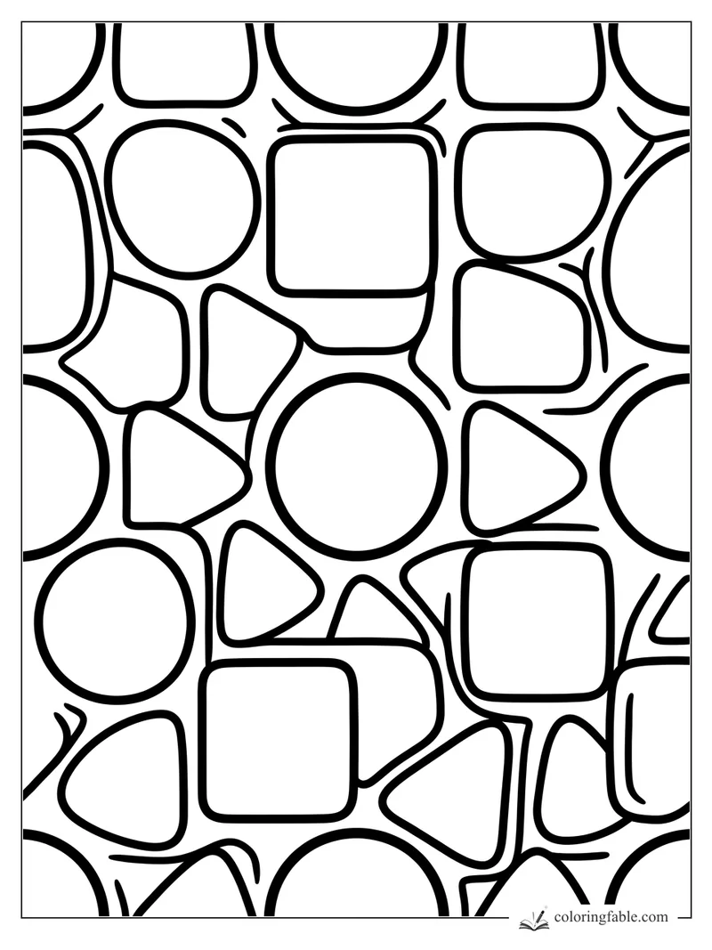 Easy geometric coloring page with bold circles, rounded squares, triangles, and thick black outlines.