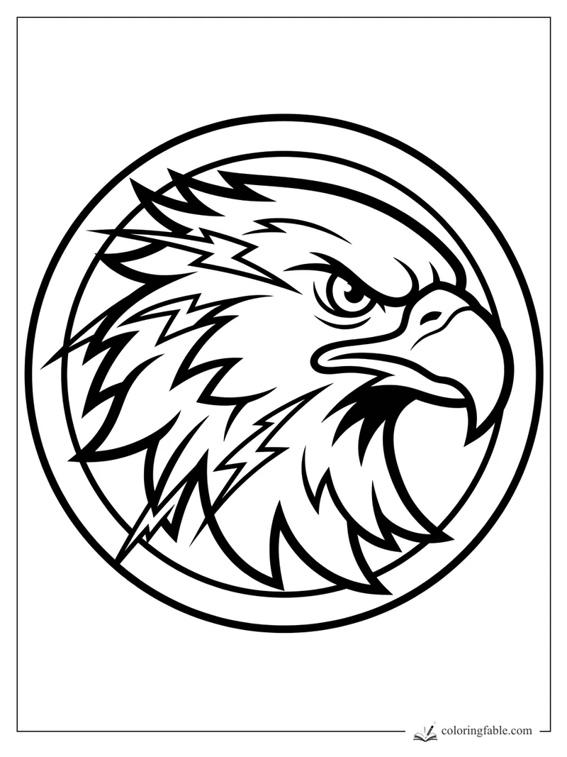 Cartoon eagle head with a fierce eye and hooked beak inside a double circle badge