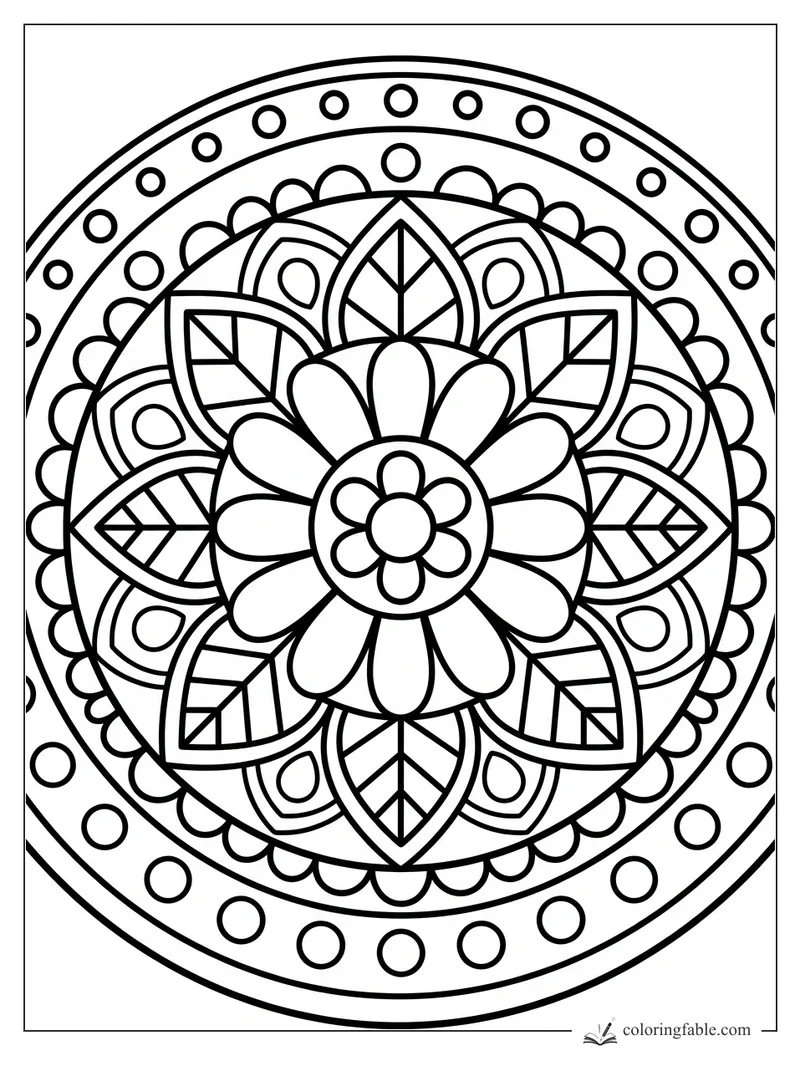 Easy flower mandala with large petals, leafy points, scalloped rings, and round dot border