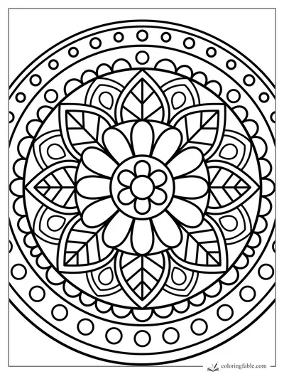 Easy flower mandala with large petals, leafy points, scalloped rings, and round dot border