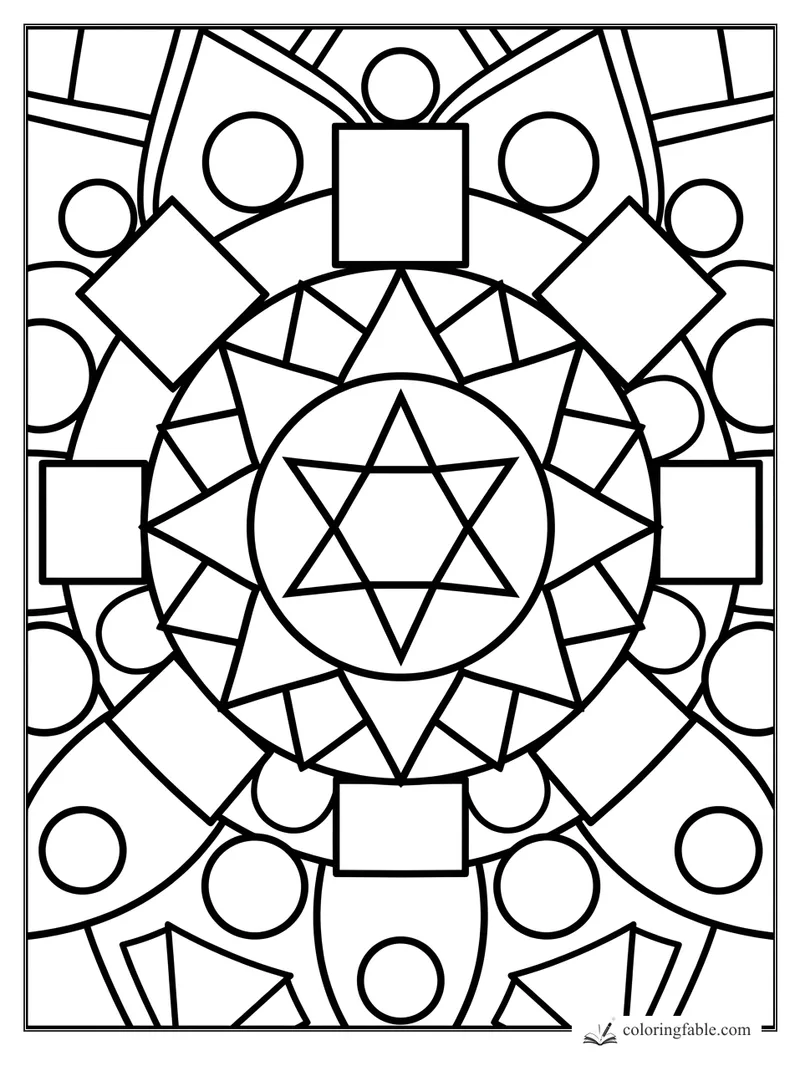 Bold mandala coloring page with a six-point star, triangles, squares, circles, and petal arches.