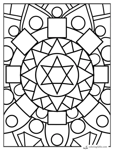Bold mandala coloring page with a six-point star, triangles, squares, circles, and petal arches.