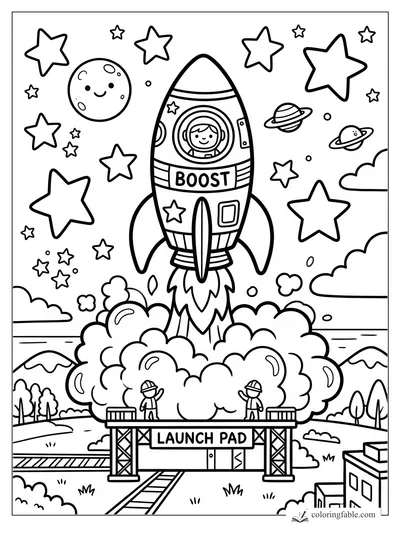 Smiling astronaut in BOOST rocket launching from a smoky launch pad with stars, planets, and moon