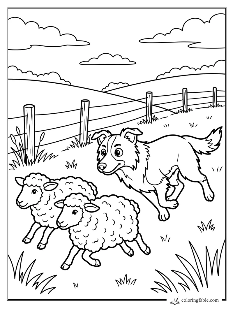 Cartoon border collie herding two fluffy lambs across a fenced hillside pasture