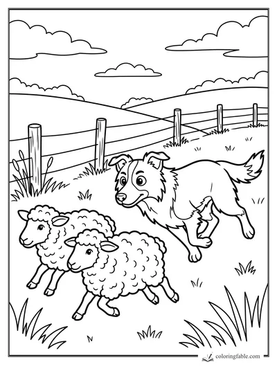 Cartoon border collie herding two fluffy lambs across a fenced hillside pasture