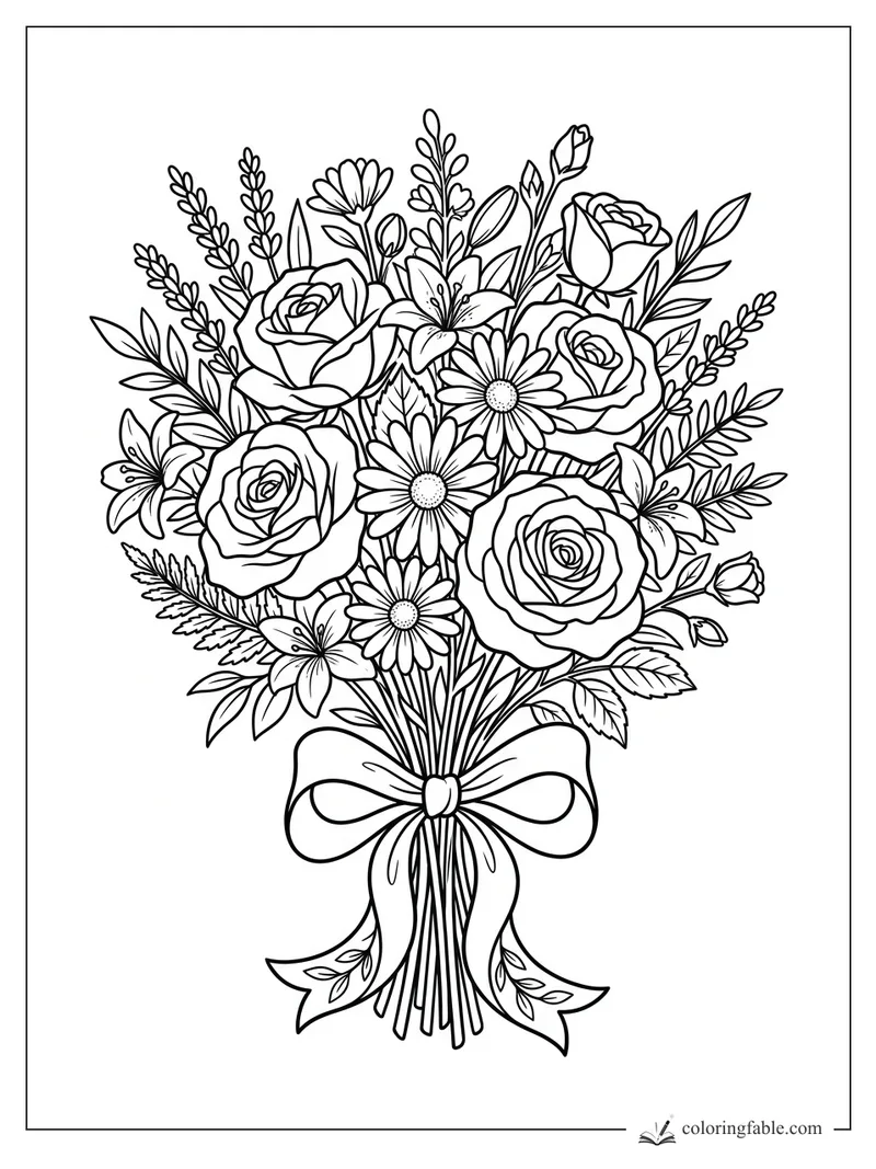 Detailed flower bouquet with roses, daisies, lilies, leafy sprigs, and a large ribbon bow.