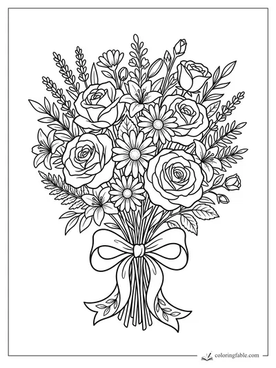 Detailed flower bouquet with roses, daisies, lilies, leafy sprigs, and a large ribbon bow.