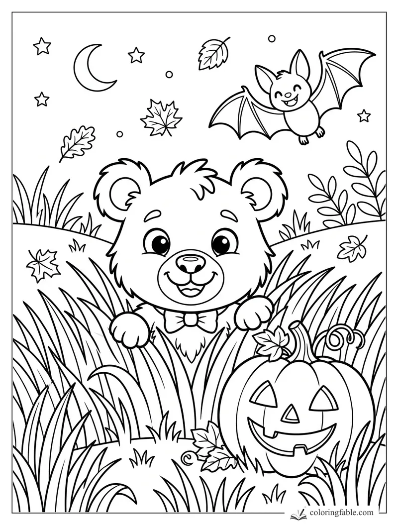Cartoon bear with bow tie peeking from tall grass beside a jack-o’-lantern, bat, moon, stars, and leaves
