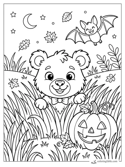 Cartoon bear with bow tie peeking from tall grass beside a jack-o’-lantern, bat, moon, stars, and leaves