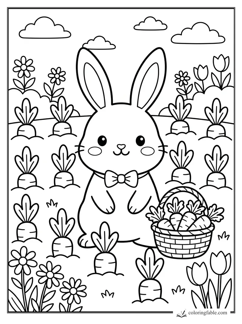 Kawaii bunny with a bow tie sitting among carrots, flowers, tulips, a basket, and puffy clouds.