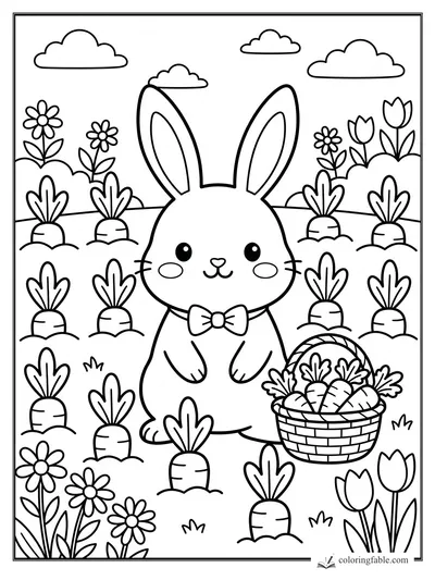 Kawaii bunny with a bow tie sitting among carrots, flowers, tulips, a basket, and puffy clouds.