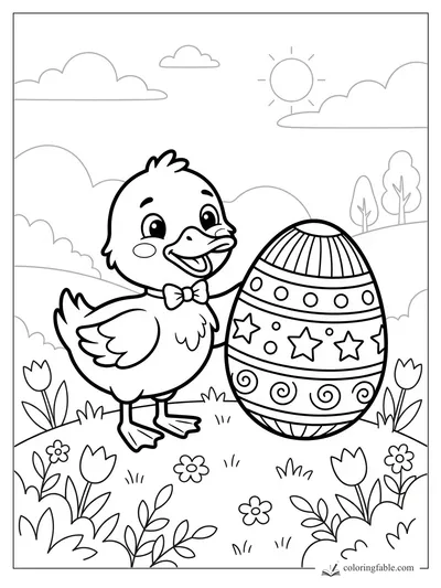 Smiling bow-tie duck beside a patterned egg in a flower meadow with sun, clouds, and trees