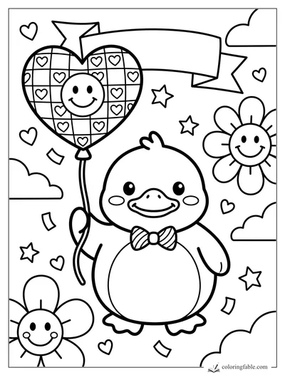 Smiling bow-tie duck holding a heart balloon with hearts, stars, flowers, clouds, and a blank banner.
