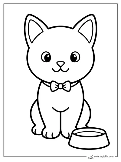 Minimalist kitten with big ears, shiny eyes, a bow tie, and a bowl beside its paws