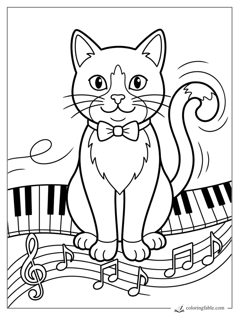 Cartoon cat with bow tie sitting on piano keys, with swirling tail and musical notes