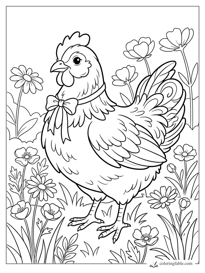 Aesthetic chicken coloring page with a bow, fluffy feathers, daisies, poppies, and tall garden flowers.