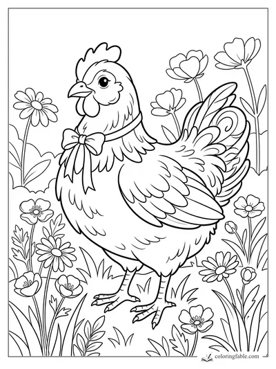 Aesthetic chicken coloring page with a bow, fluffy feathers, daisies, poppies, and tall garden flowers.