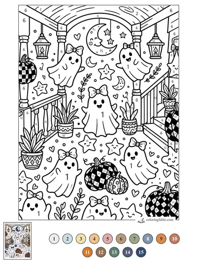 Bow-Tied Ghosts on a Moonlit Preppy Porch — color by number