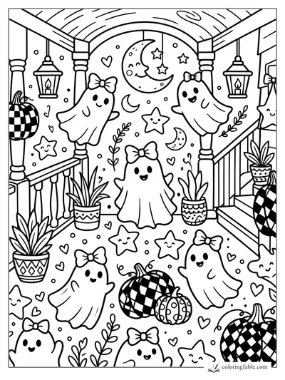 Preppy ghost coloring page with bow-tied ghosts, plaid pumpkins, lanterns, stars, and crescent moon on a porch.
