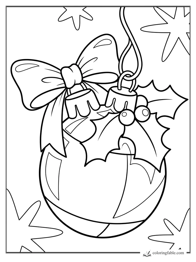 Cartoon Christmas ornament with a big bow, holly leaves, berries, bells, hanging loop, and stars.