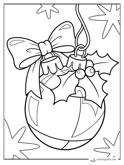 Adorno navideño de caricatura para colorear con gran moño, acebo, bayas, campanas, aro y estrellas.