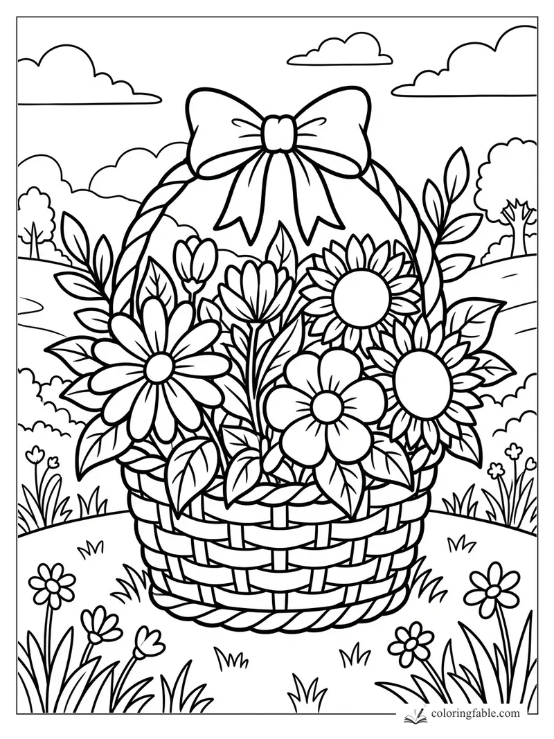 Cartoon flower basket with daisies, sunflowers, leafy stems, a large bow, clouds, hills, and grass.