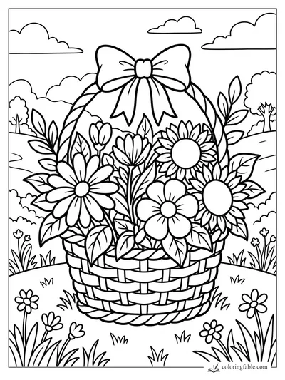 Cartoon flower basket with daisies, sunflowers, leafy stems, a large bow, clouds, hills, and grass.
