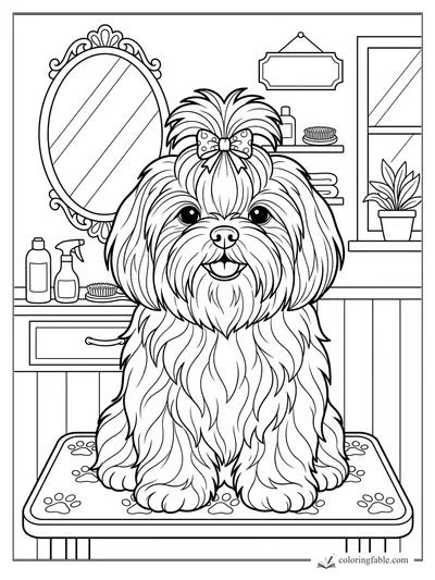 Fluffy Shih Tzu puppy with a bow on a grooming table, with mirror, brushes, bottles, and window behind.