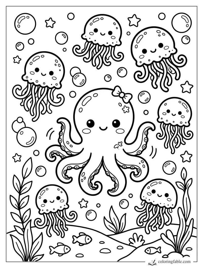 Kawaii octopus with a bow swimming among smiling jellyfish, bubbles, stars, sea plants, and tiny fish.