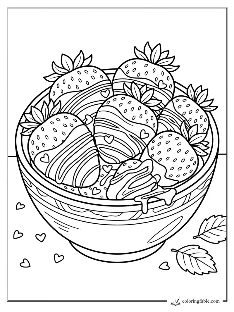 Chocolate-dipped strawberries in a bowl with icing stripes, tiny hearts, and leaves