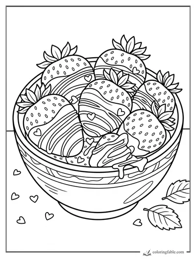 Chocolate-dipped strawberries in a bowl with icing stripes, tiny hearts, and leaves