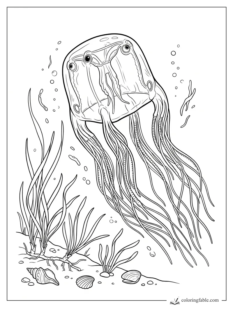 Realistic box jellyfish with long tentacles drifting over seagrass, shells, pebbles, and bubbles.