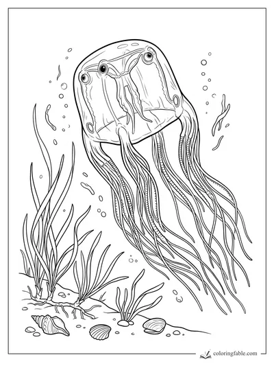 Realistic box jellyfish with long tentacles drifting over seagrass, shells, pebbles, and bubbles.