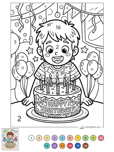 Boy Beaming at a Candlelit Birthday Cake — color by number