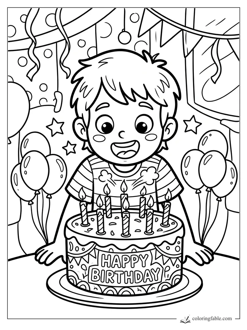 Cartoon boy smiling at a birthday cake with candles, balloons, streamers, stars, and a Happy Birthday sign.